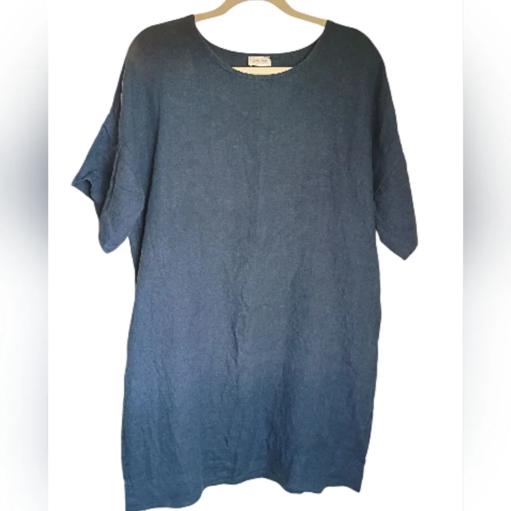 Linen Sea 100% Linen Sheath Shift Dress Blue Handmade Made in Lithuania L/XL - Picture 1 of 4
